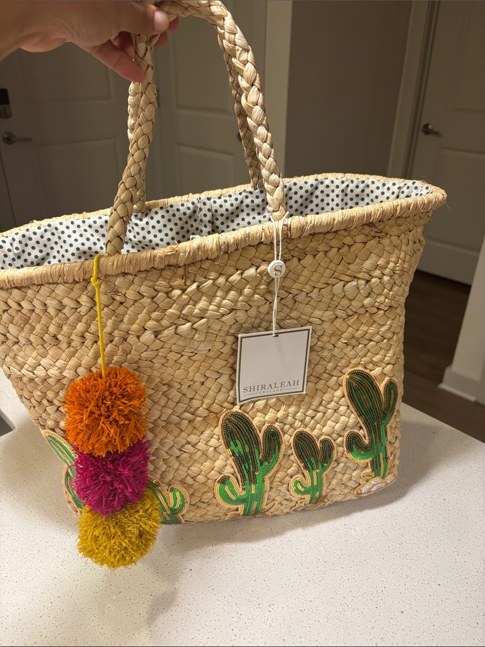 Shiraleah Natural Straw Tote with Green Cactus Appliqués & Colorful Pom-Poms